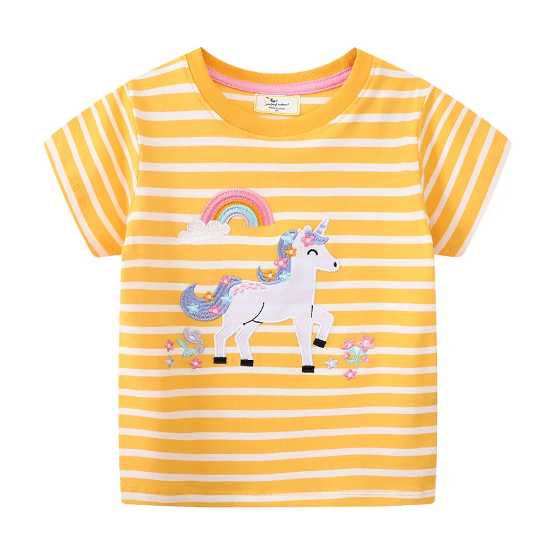 

Jumping Meters 2-7T Unicorn Girls T Shirts Summer Children's Clothing Striped Short Sleeve Kids Tees Tops Baby Clothes Shirt