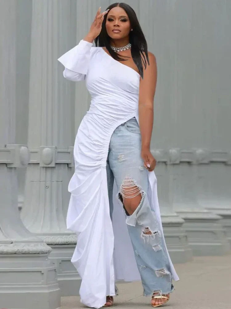 

WUHE Solid Ruched Maxi Shirt Dress Women Sexy One Shoulder Full Sleeve High Split Long Robe Casual Dresses Party Clubwear