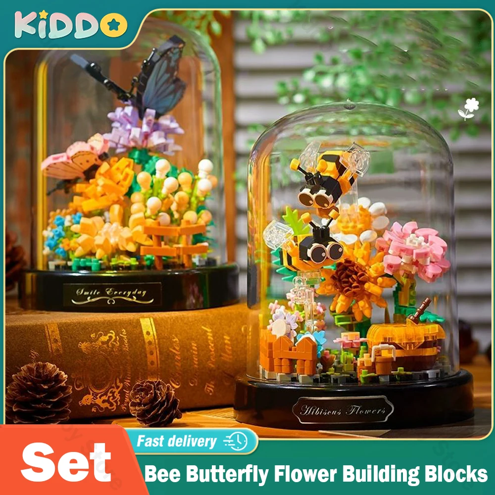 

Bee Butterfly Flower Building Blocks Insect Plant Potted Model Bricks With Dust Cover Assembling Educational Learning Gifts Kids