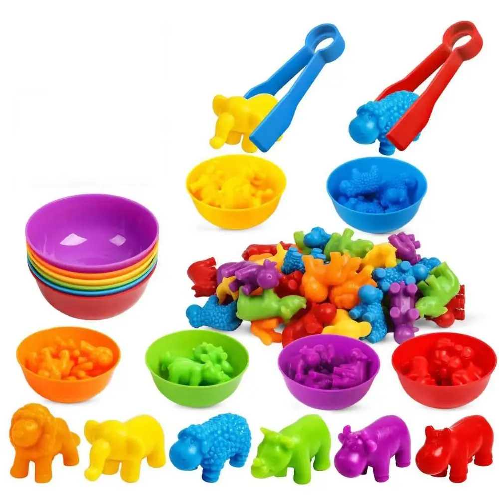 Plastic Sorting Game Animal Puzzle with Rainbow Bowls Montessori Dinosaur Color Matching Game Early Educational Sensory Toys
