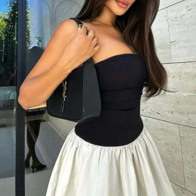 Strapless Bandeau Mini Dress Sleeveless Tube Top Pleated Patchwork Off Shoulder Women Black White Contrast Party Dresses Summer