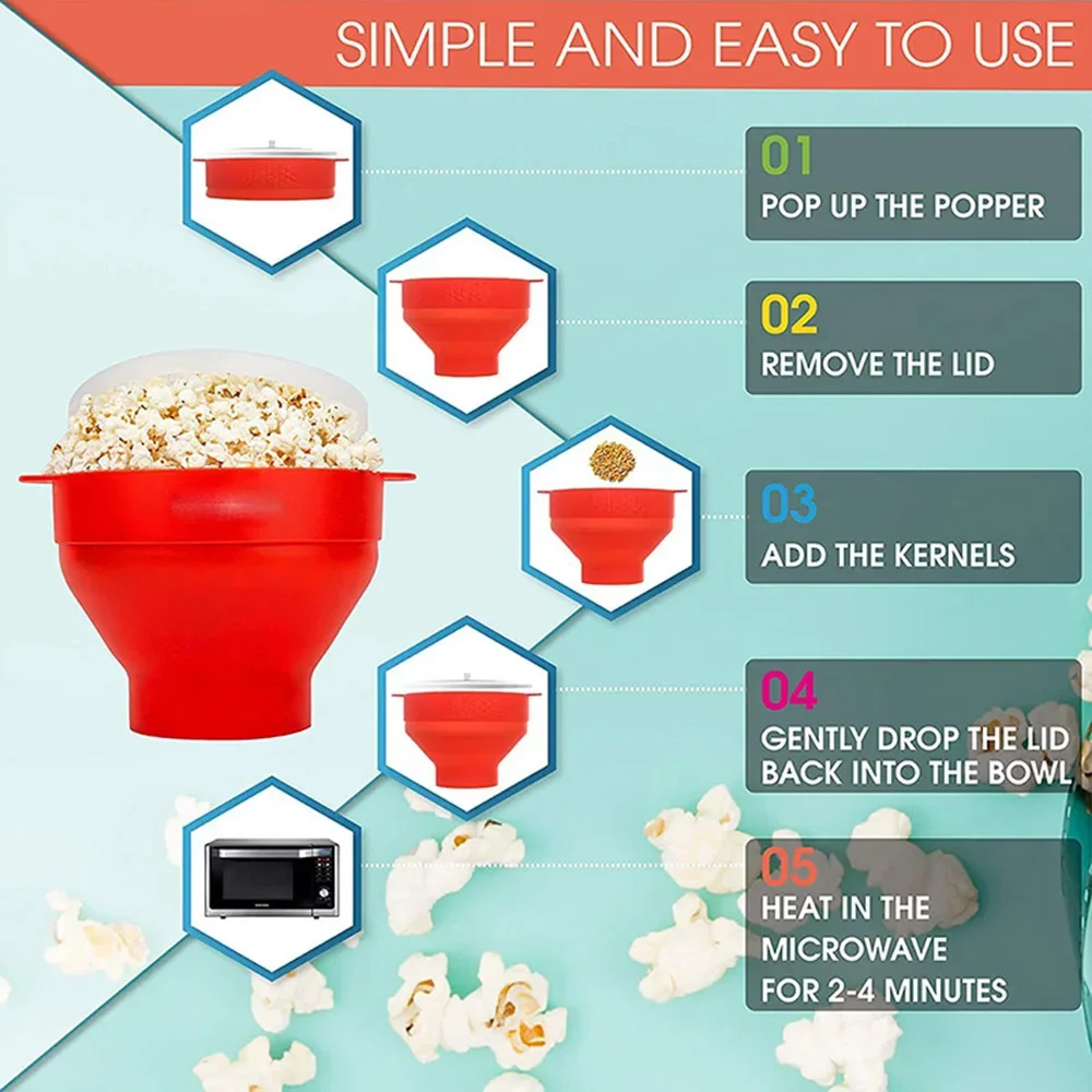 Description Picture 3 of itemDIY Make Popcorn Bucket Bowl with Lid Bowls Microwave Silicone Popcorn Maker Food Grade Foldable High Quality Kitchen Easy Tools