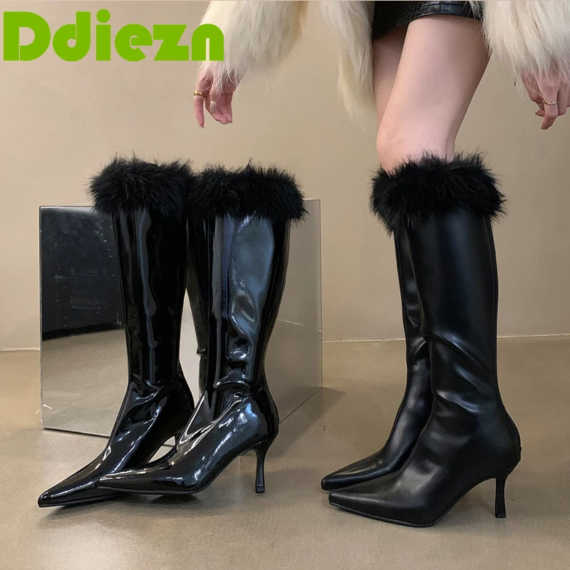 

Женские высокие сапоги до колена, черные современные сапоги с острым носком и Плюшевым Мехом, обувь в западном стиле на каблуке