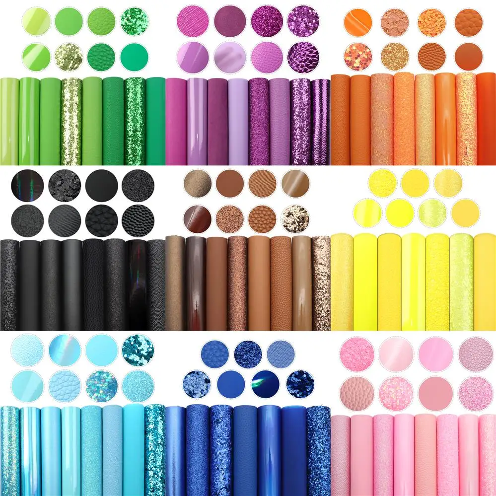 Chunky Glitter Faux Leather Sheets Solid Color Synthetic Leather Fabric Set for DIY Handmade Bags Earrings Bows Sewing Material