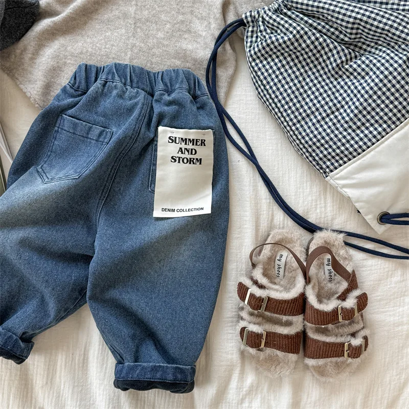 2025 Winter New Children Plus Velvet Thick Jeans Letter Print Girls Trousers Baby Boy Fleece Denim Pants Kids Warm Pants 6 2025 Winter New Children Plus Velvet Thick Jeans Letter Print Girls Trousers Baby Boy Fleece Denim Pants Kids Warm Pants - Image 6