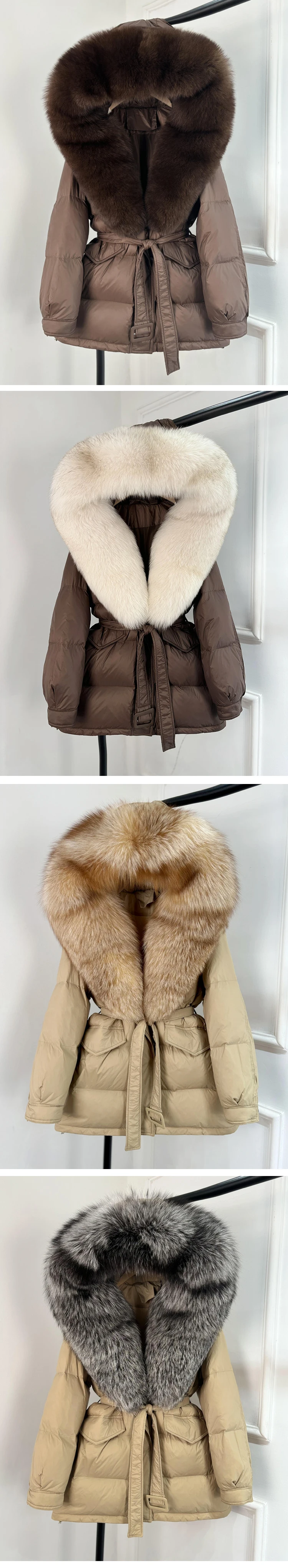 2026 New Fashion Winter White Duck Down Jacket Women Real Natural Fox Fur Hooded Thick Warm Belted Puffer Down Coat Warm Parka