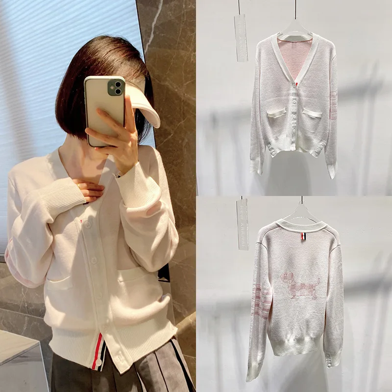 

High quality Korean fashion Autumn Four Bar TB Pink Back Dog Wool Knitted Cardigan V-neck Single Breasted Casual Coat