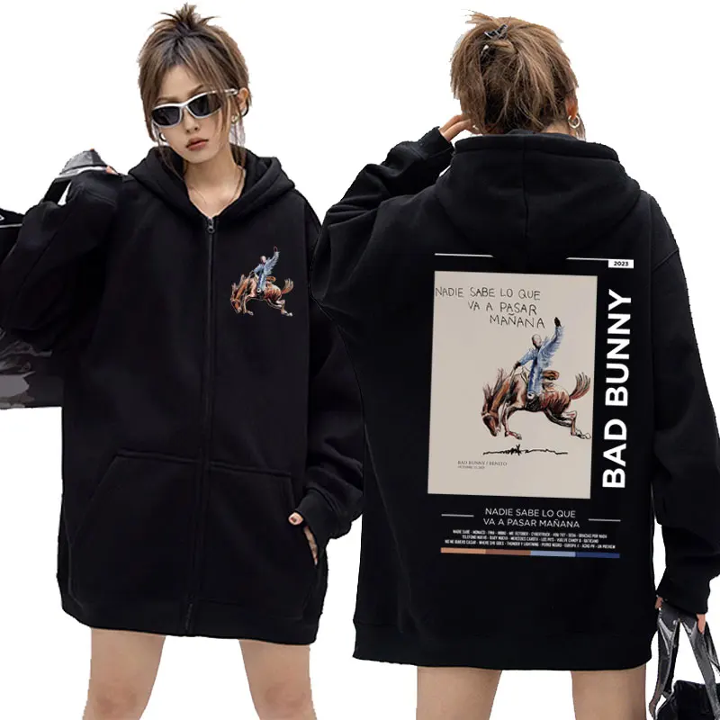 

Bad Bunny Nadie Sabe Lo Que Va A Pasar Mañana Graphic Print Zipper Hoodies Men's Oversized Streetwear Male Hip Hop Zip Up Jacket