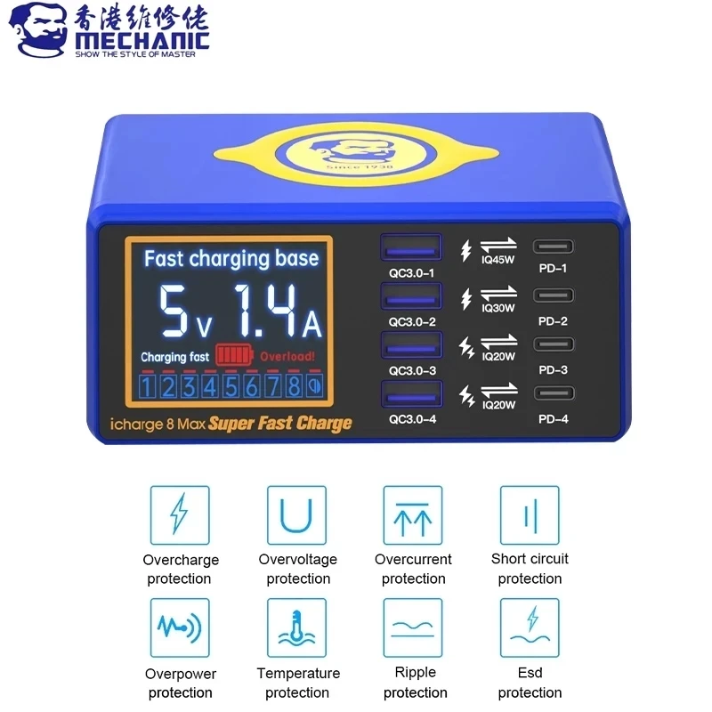 

MECHANIC iCharge 8 Max 110W 8 Ports PD45W Wired Charger 15W Wireless Fast Charge LCD Digital Display QC3.0 Mobile Phone Charging