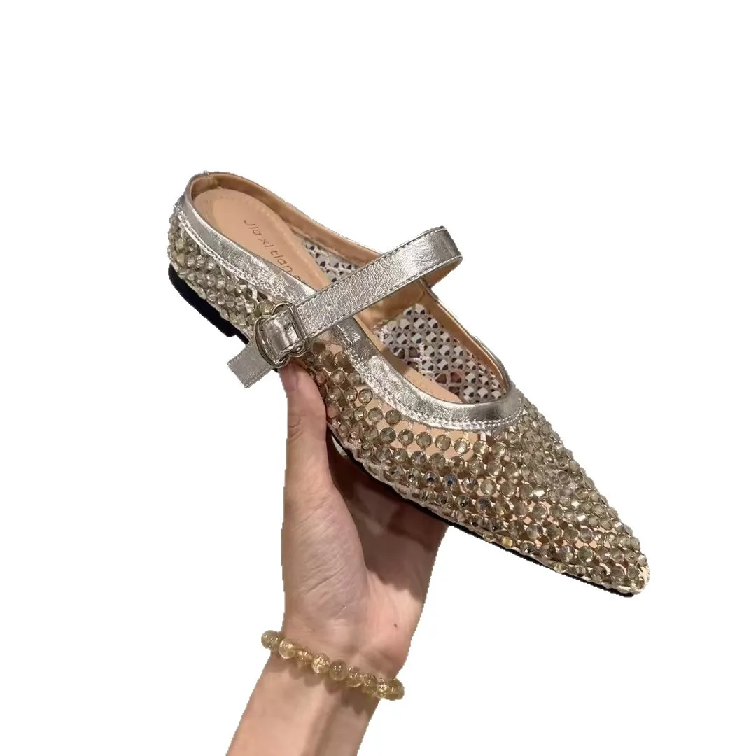 Women Slippers  New Rhinestone Leisure Slipper Retro Pointed Toe Metal Buckle Fashion Half Slipper Sandalias De Mujer