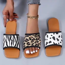 

Women Leopard Print Slippers Zebra Pattern Square Toe Summer Beach Flat Slides Ladies Non-slip Home Slippers zapatos de mujer