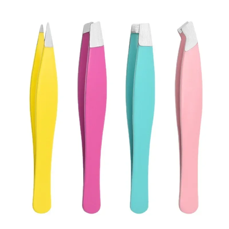 Eyebrow Tweezers Hair Removal Stainless Steel Pink Slanted Black Tip Point Face Harmless Makeup Beauty Tool
