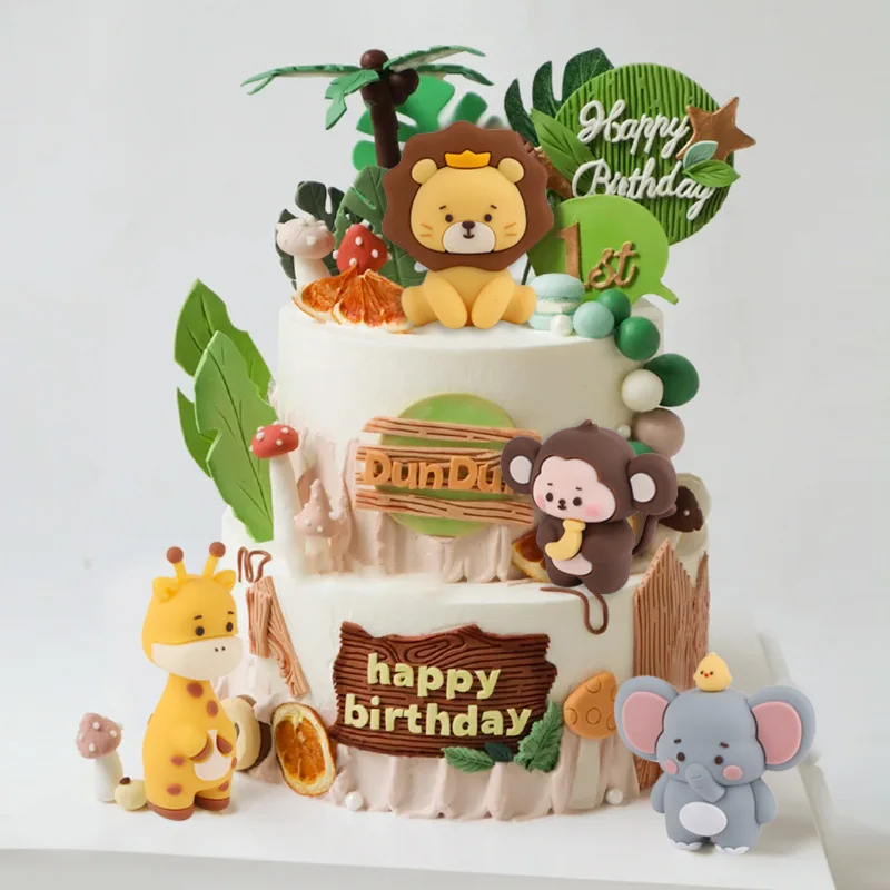 Jungle Wild Animal Birthday Cake Topper Forest Animals Lion Giraffe Kids 1st Birthday Party Cake Decoration Supplies Baby Shower