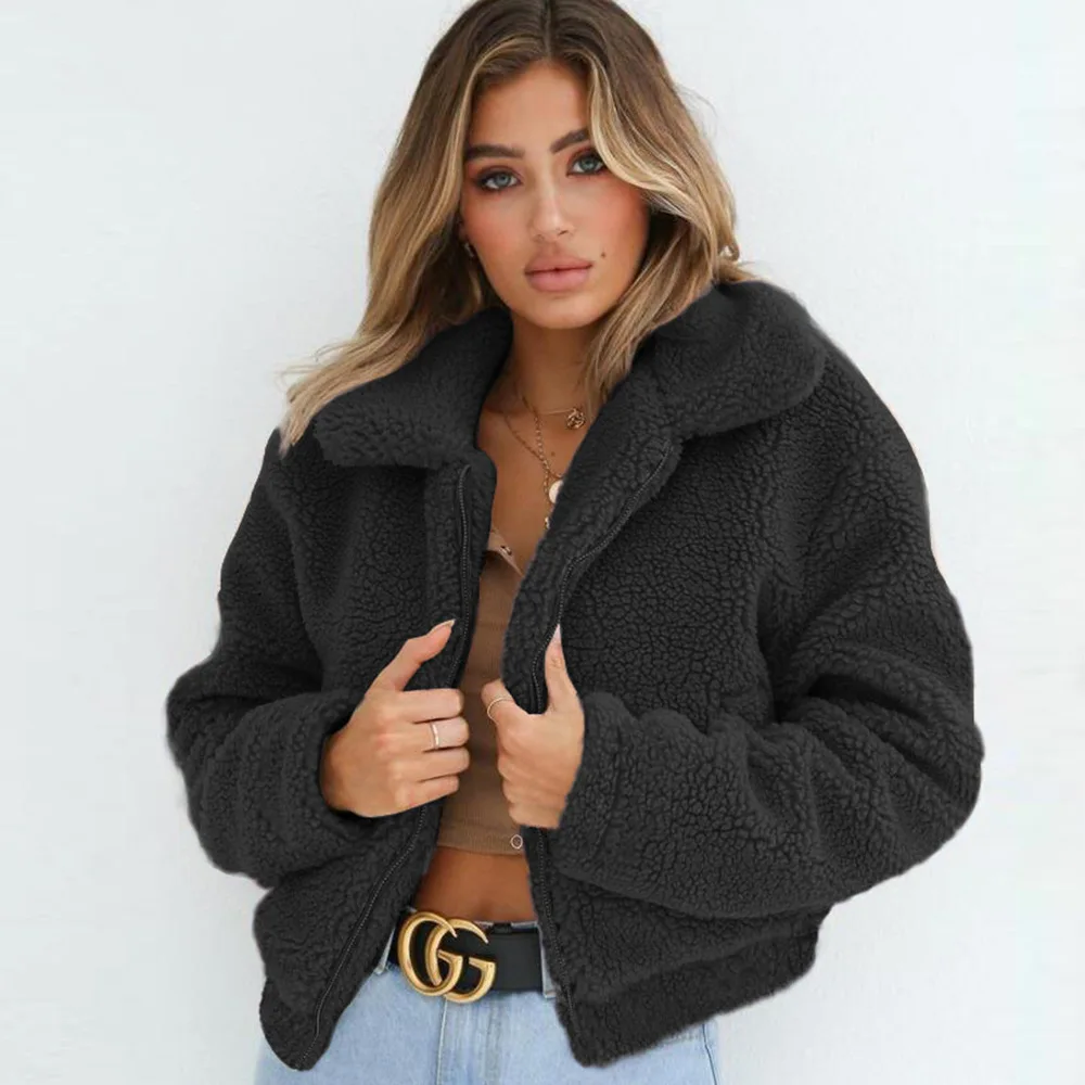 

Женское короткое пальто из меха ягненка и верблюжьей шерсти, теплое шерстяное мягкое плюшевое пальто с откидным воротником, Осень-зима