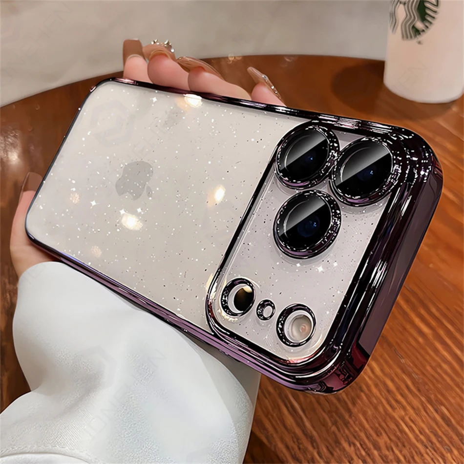 Luxury Transparent Glitter Clear Slim Case with Orange Pating Bumper and Lens Glass Hard Cover