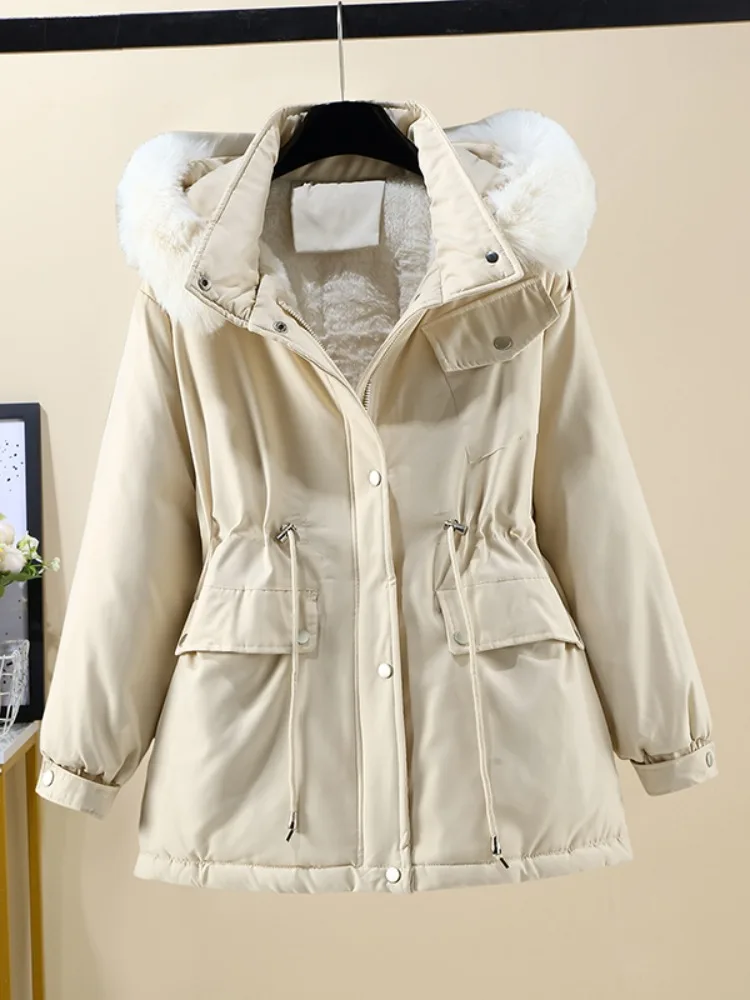 

2023 Winter New Small Fleece-lined Warm Cotton-padded Jacket Chubby Girl Fashion Waist Parker Coat