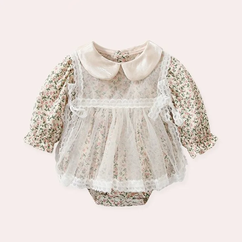 

Toddler Floral Bodysuits Spring Peter Pan Collar Newborn Baby Girl Clothes Cotton Infant Outfits 2pcs/set with Lace Smock 0-2Y