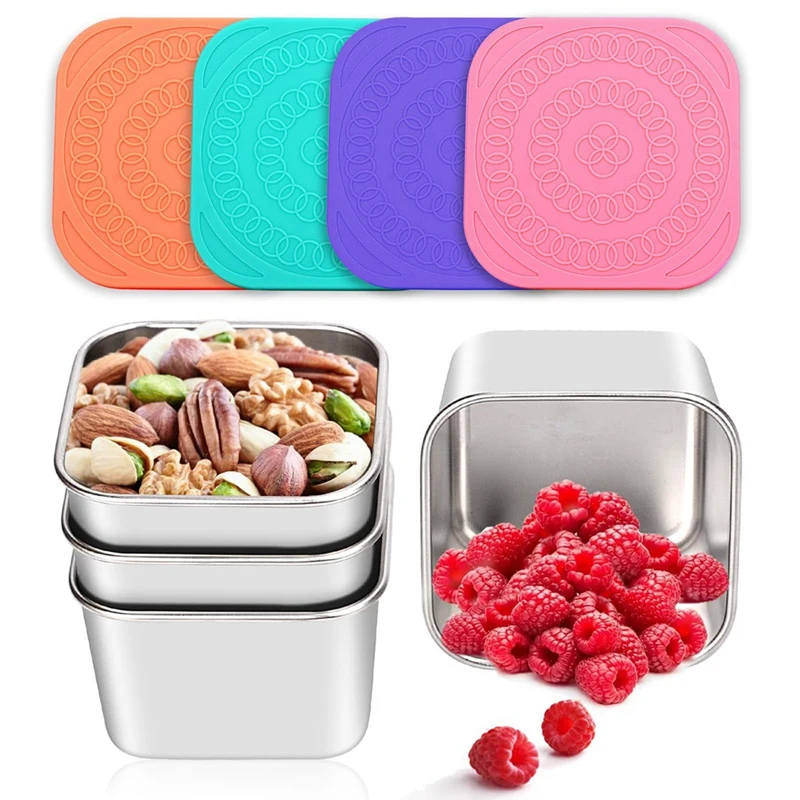 4Pack Stainless Steel Snack Containers For Kids, Leak-Proof Metal Food Storage Containers Stackable Mini Lunch Box(6Oz) Durable