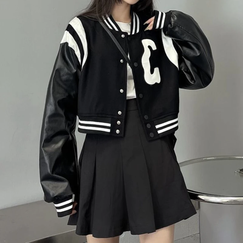 Houzhou Black Baseball Jacket Women Autumn College Leather Patchwork