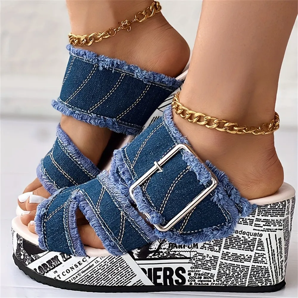 Women's Denim Platform Sandals Casual Wedges Heeled Summer Slides_voghion.com