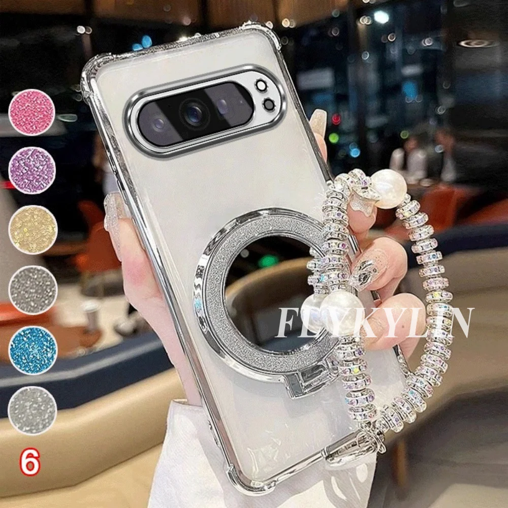 Transparent Protective Soft Shell Case with Pearl Bracelet and Mirror Holder