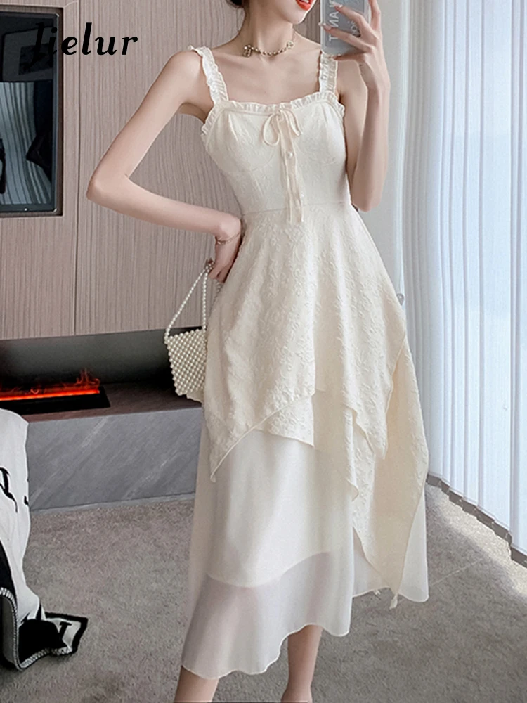 

Jielur New Women's Apricot Sling Dress Summer Dress Korean Sweet Princess Dress Fashion Sleeveless Ruffles Patchwork Lady Dress