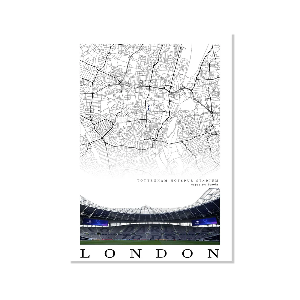 UK Football Stadium City Map Canvas Wall Art - Black and White Soccer Fan Home Decor (Unframed)