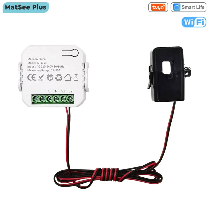 Tuya Smart Life WiFi Energy Meter 80A with Clamp CT App KWh Power Consumption Mo