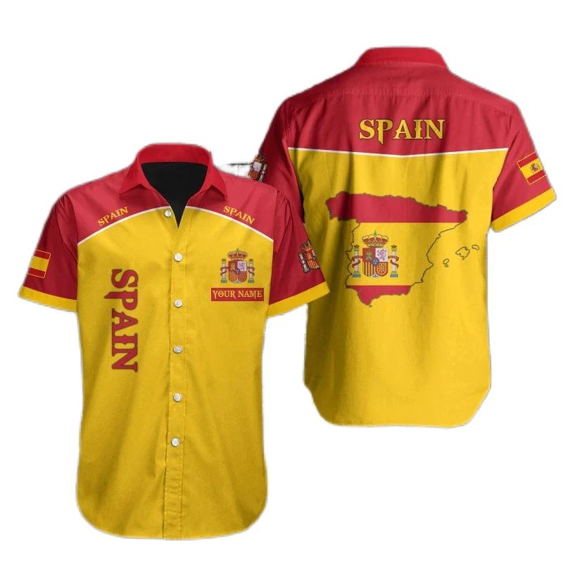 

Spain Flag Graphic Shirts For Men Clothes Hawaiian Beach Shirts Spanish Map National Emblem Blouses Vacation Casual Short Sleeve