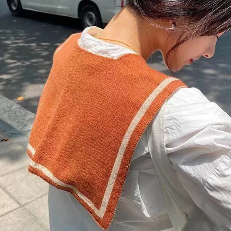 Korean College Atyle Atripes Women Winter Blouse Shoulders Cape Knotted Scarf Neck Guard Fake Collar Scarve Warm Knitted Shawl