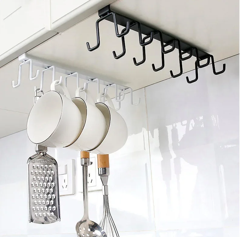 

Iron 6 Hooks Storage Shelf Wardrobe Cabinet Metal Under Shelves Mug Cup Hanger Bathroom Kitchen Organizer Hanging Rack Holder