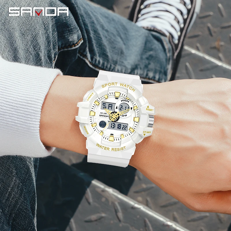 SANDA Top Brand G Style White Sports Men's Watch Luxury Military Quartz Watch Men LED Digital Waterproof Timer Stopwatch New Hot 6