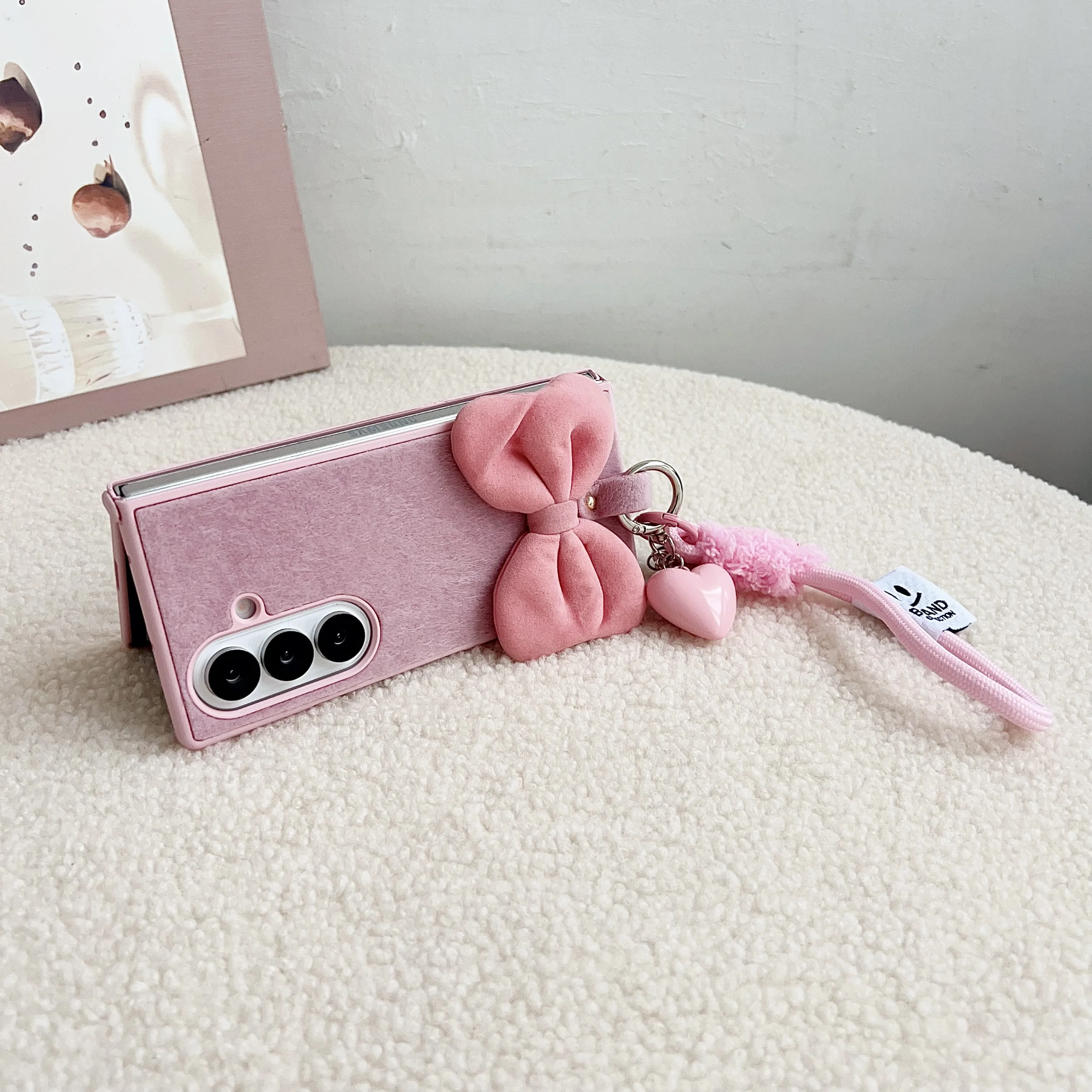 Plush Heart Pendant Fold Phone Case with 3D Bow and Rope Strap