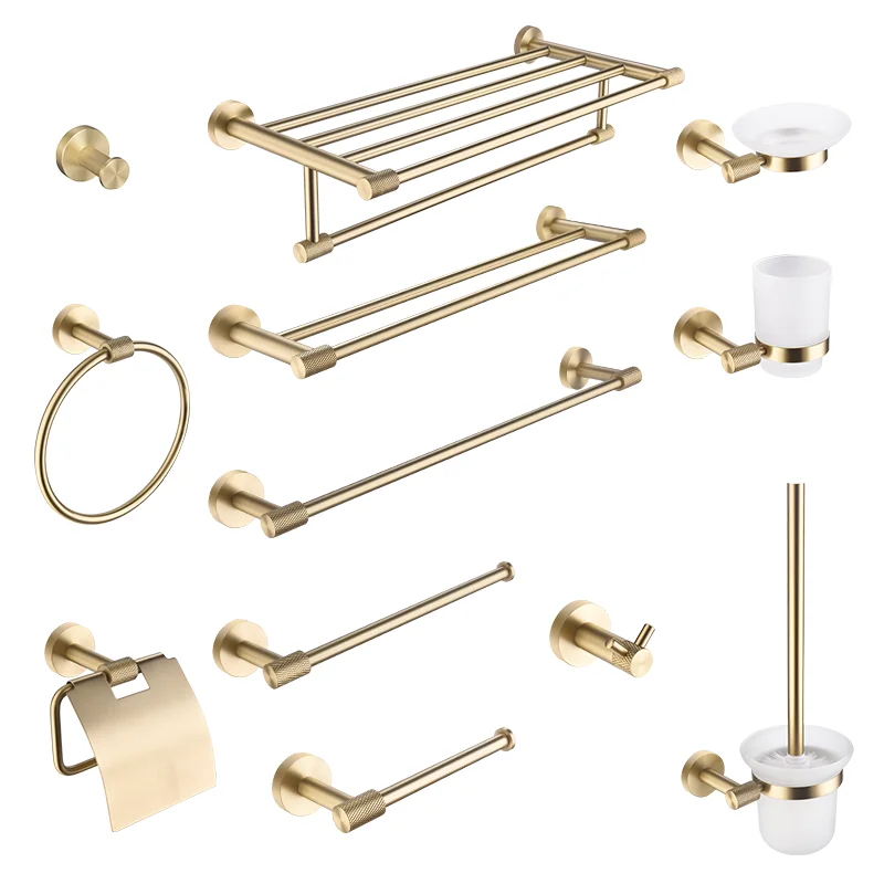 Brushed Gold Wall Mounted Towel Holder Toilet Roll Paper Holder Robe Hook Soap Dispenser Toilet Brush Bathroom Hardware Set paper towel holder,toilet paper holder,towel hook,bathroom hardware set,bathroom hardware accessories