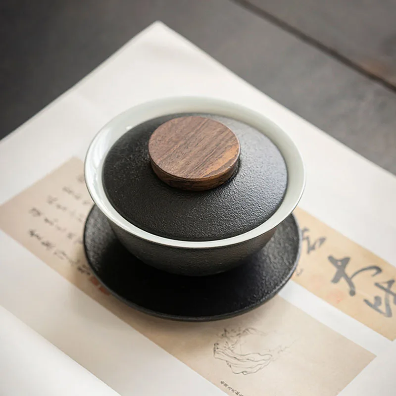 200ml Japanese Style Black Pottery Gaiwan Ceramic Tea Bowl Household Coarse Pottery Hand Grasp Bowl Kung Fu Tea Set Cup Gift