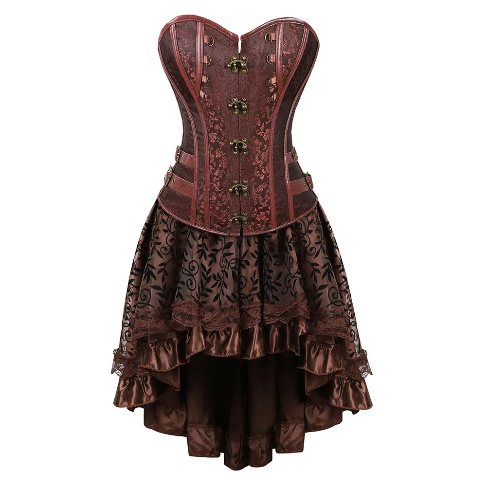 

Steampunk Vintage Corset Gothic Leather Corsets Bustier Top Asymmetrical Floral Lace Skirt Halloween Pirate Costume Plus Size