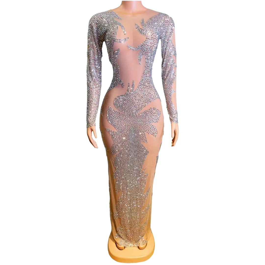 

Luxury Flash Mesh Rhinestone Women Long Dress Sheer See Thru Birthday Queen Stage Wear Celebrate Charming Clubwear Wedding Night
