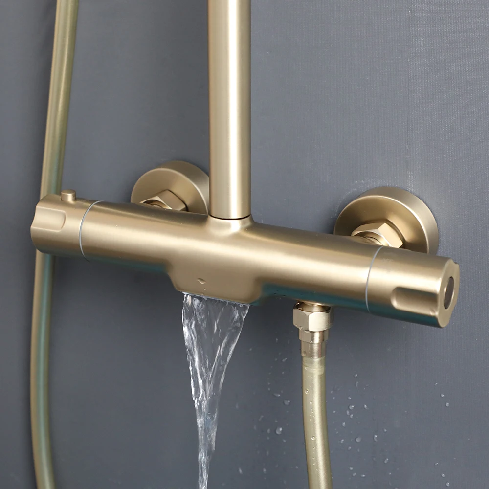 KEMAIDI Brushed Gold Thermostatic Shower System with Tub Spout  3-Functional Exposed Shower Faucet Mixer Fixtures Wall Mounted 4