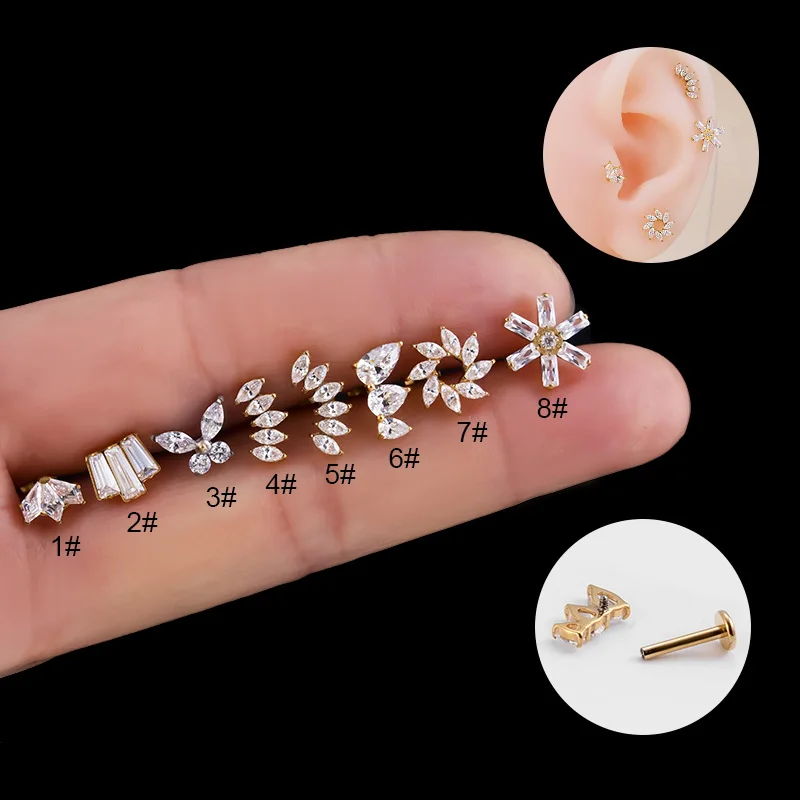 

1Piece F136 Titanium Lip Piercing Jewelry G23 Titanium Flat Back Internally Threaded Cubic Zirconia Cartilage Piercing Earrings