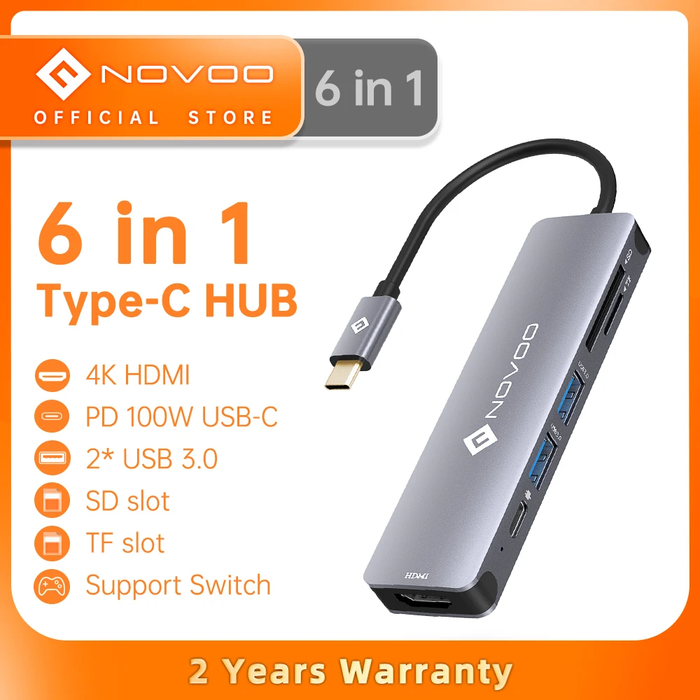 

NOVOO 6 Ports USB HUB 4K HDMI USB 3.0 PD 100W Fast Charging SD TF Flash Drive Reader Adapter For MacBook Pro Air Nintendo Switch
