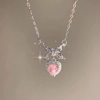 Crystal Zircon Bow Knot Heart Pendant Necklaces Y2K Pink Heart Ladies Girls Fashion Elegant Clavicle Chain Women Jewelry 2023 1