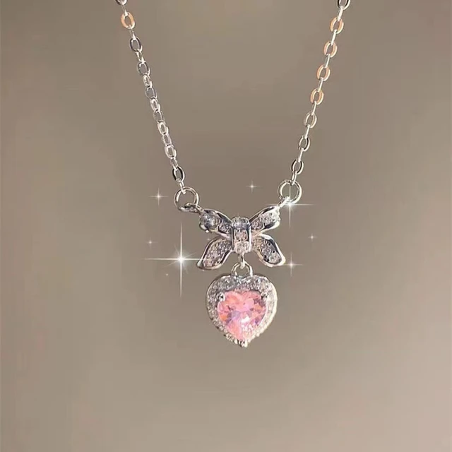 Crystal Zircon Bow Knot Heart Pendant Necklaces Y2K Pink Heart Ladies Girls Fashion Elegant Clavicle Chain Women Jewelry 2023 1