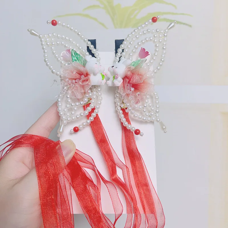

2 шт., ручная работа, жемчужная бабочка, маленький кролик, принцесса, шпилька, милый цветок, китайский стиль, ленты, бусы, Детские аксессуары