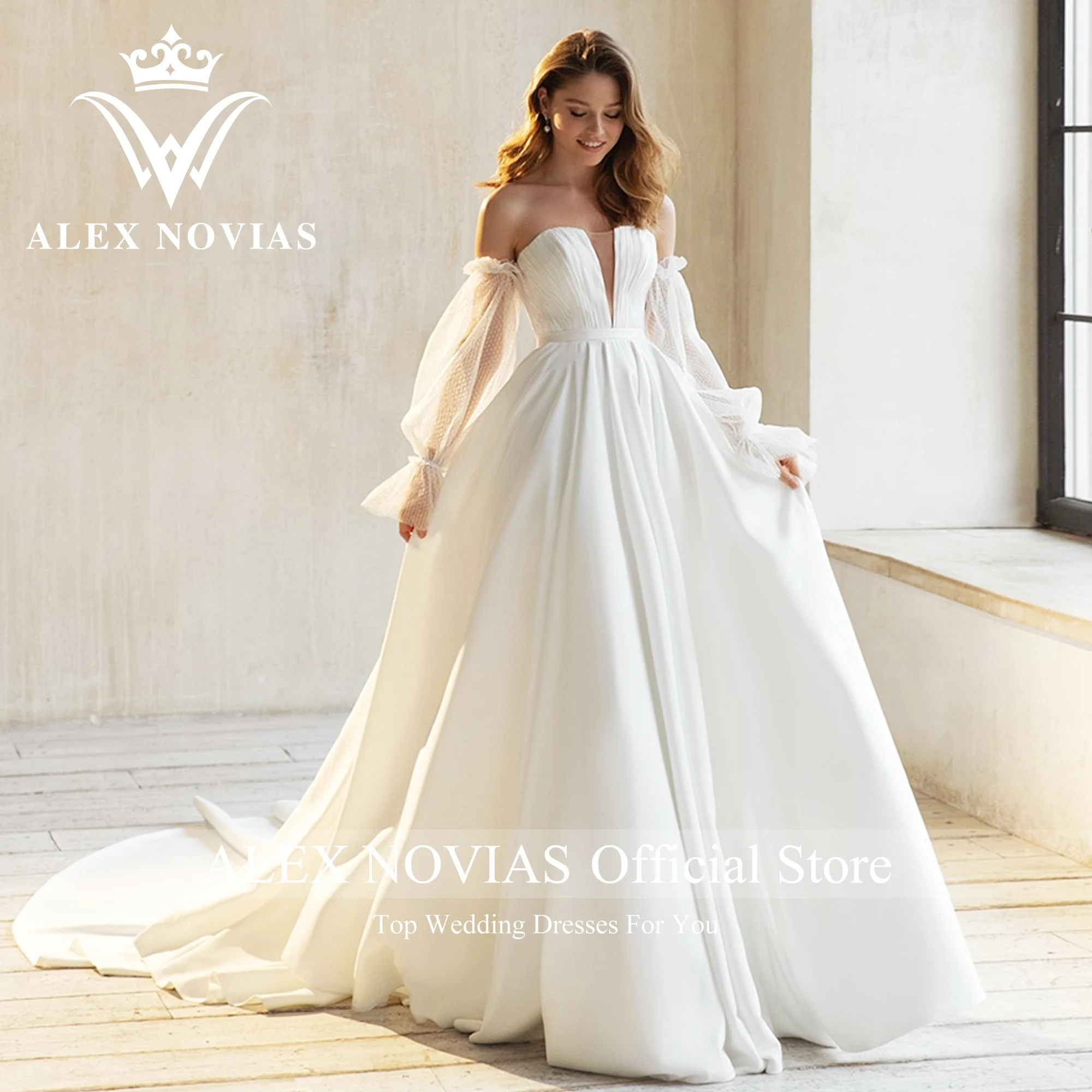 ALEX NOVIAS A-Line Satin Wedding Dress 2023 Strapless Puff Long Sleeve Backless Court Train Wedding Gown Vestido Novias De Saten
