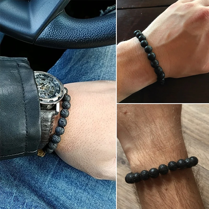 Natural Stone Bracelet Volcanic Beads Men Charm Black Lava Essential Oil Diffuser Elastic Bangles For Women Jewelry