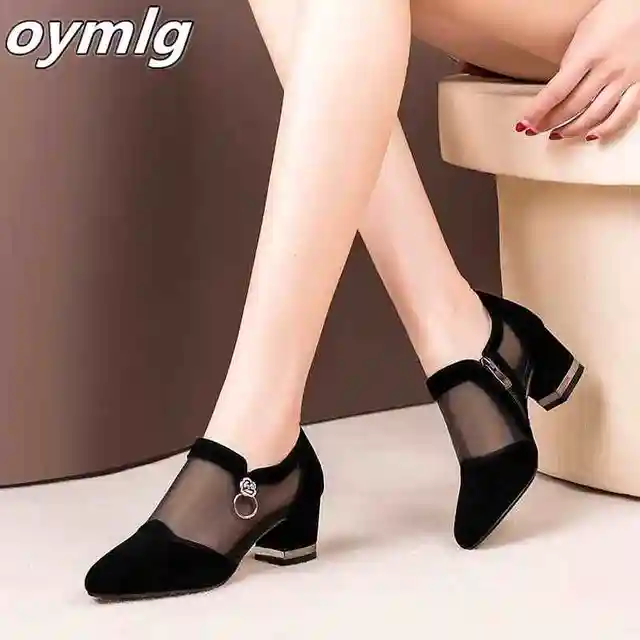 Summer Women High Heel Shoes Mesh Breathable Pumps Zip Pointed Toe Thick Heels Fashion Female Dress Shoes Elegant Footwear 1