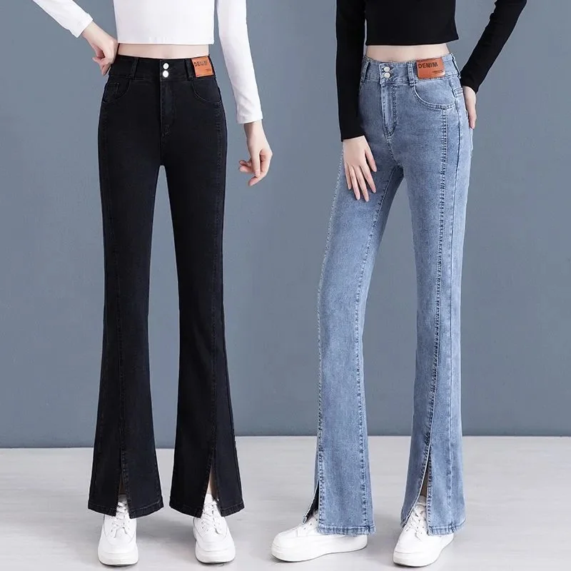

Denim Micro Flared Pants For Women Spring Autumn 2023 New High Waist Elastic Wide Leg Long Pants Slim Split Flared Jeans Pants