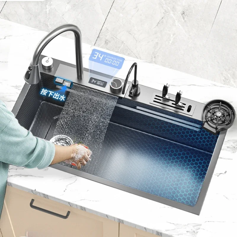 

Feiyu waterfall sink nano stainless steel kitchen household digital display large single groove left embossed sink.