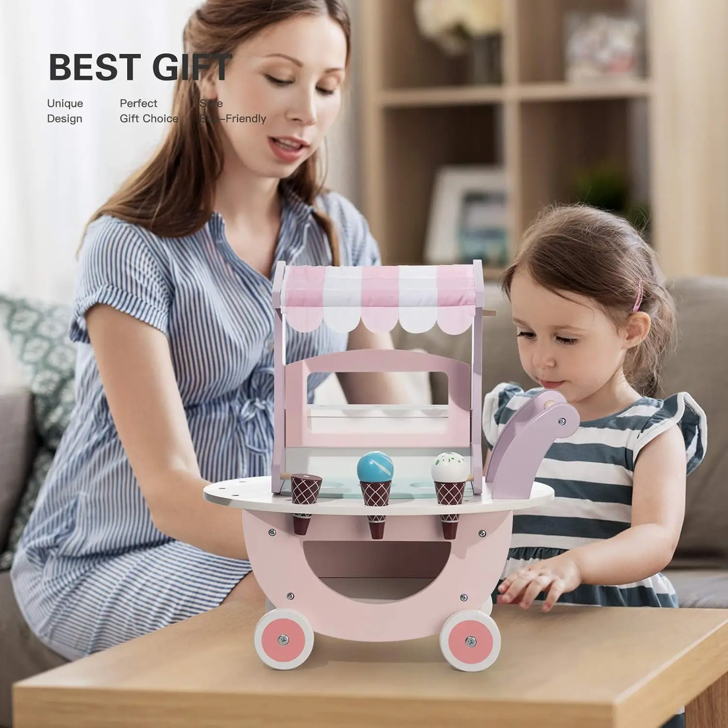 Robotime Robud Wooden Ice Cream Cart Toys Toddlers Pretend Play Food Truck Best Gift For Girls and Boys 3+ Years