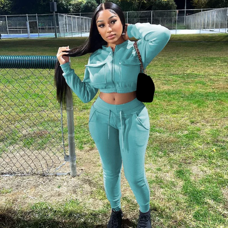 

WUHE Winter Women Two 2 Piece Set Long Sleeve Jacket Top+ Pants Suits Matching Set Outfits Streetwear Thick Casual Tracksuit